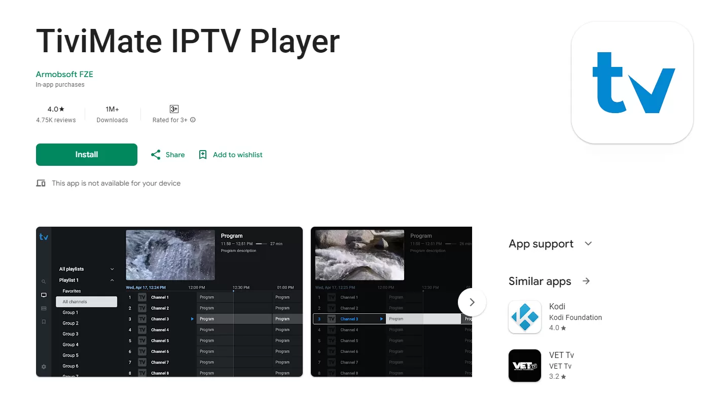 TiviMate IPTV player showing sleek interface with channel guide