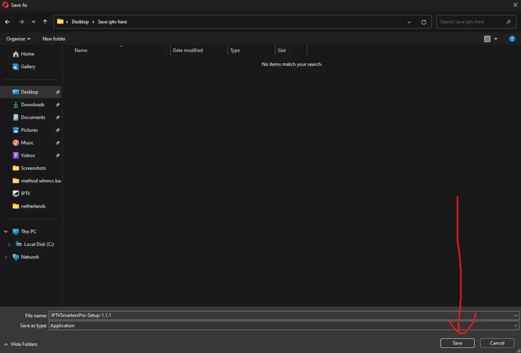 Set UP IPTV on Windows - Windows save dialog showing IPTV Smarters Pro download options