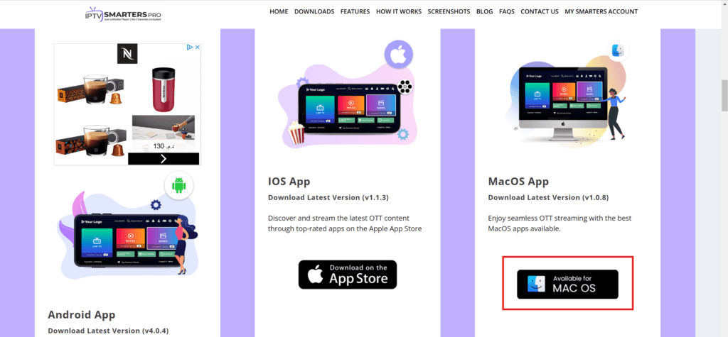 Set Up IPTV on Mac - IPTV Smarters Pro official download page for MacOS showing download button